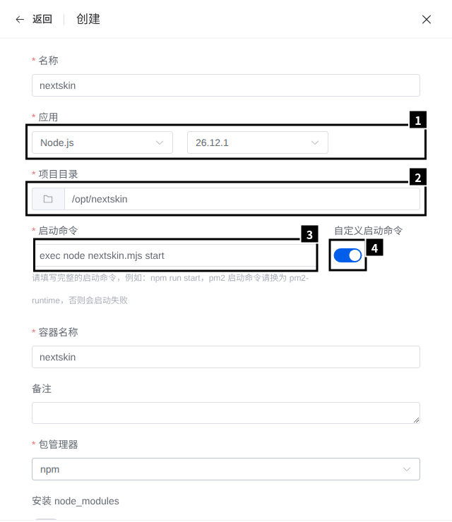 创建运行环境:应用、项目目录和启动命令