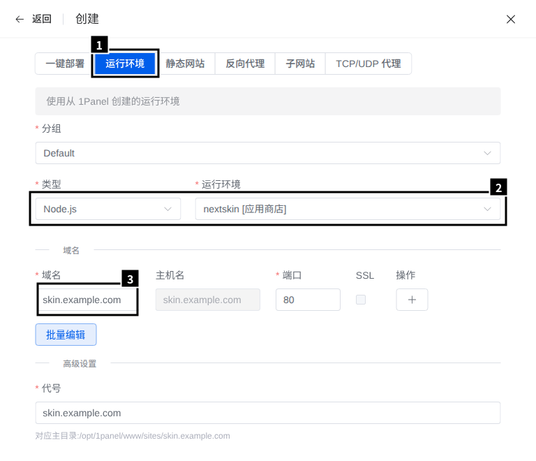 创建网站:运行环境类型